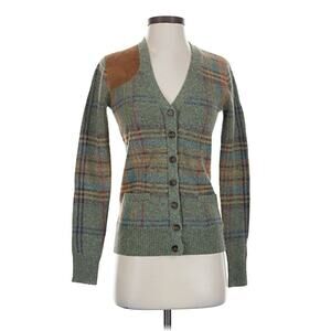 VTG Ralph Lauren Alpaca Wool Green Plaid Tartan Leather Patch V Neck Cardigan S